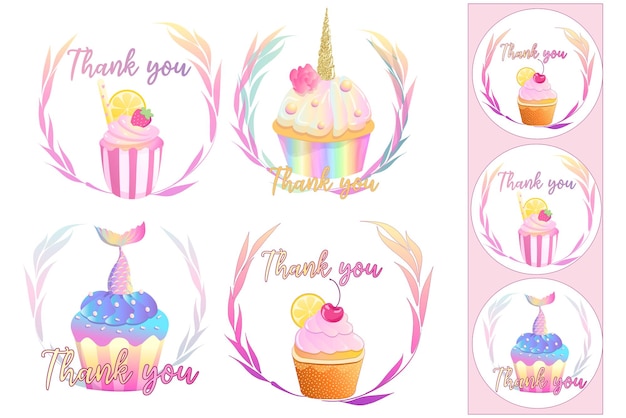 Set di adesivi per cupcake aziendali illustrazione su sfondo bianco con slogan grazie