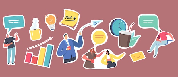 Set of Stickers Business Meetup. Corporate Employees Characters, Paper Airplane and Light Bulb, Coffee Cup, Speech Bubble and Column Chart, Envelope with Message. Cartoon People Vector Illustration