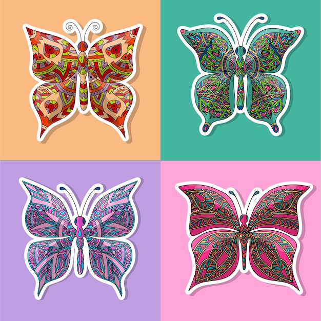 Vector set stickers butterfly in zentangle style