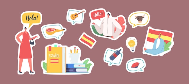 Vector set of stickers characters learn spanish language course. woman say hola, man with flag of spain, textbook, wine bottle and fan, education, light bulb, espanol lesson. cartoon vector illustration