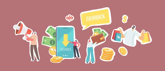 Set di caratteri adesivi utilizzare il servizio di rimborso. piccole persone al cellulare enorme con app cash back, venditore con altoparlante, acquirente con portafoglio, borse della spesa e denaro. fumetto illustrazione vettoriale