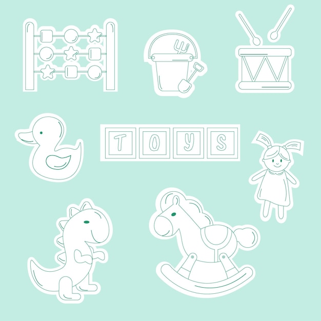 Vector a set of stickers for children's toys outline pony doll dice duck dinosaur drum