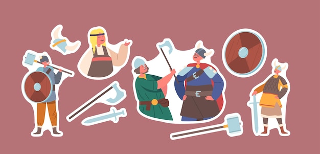 Set of Stickers Children in Viking Costumes Little Boys and Girls Characters Wear Antique Suits Hold Sword Hammer