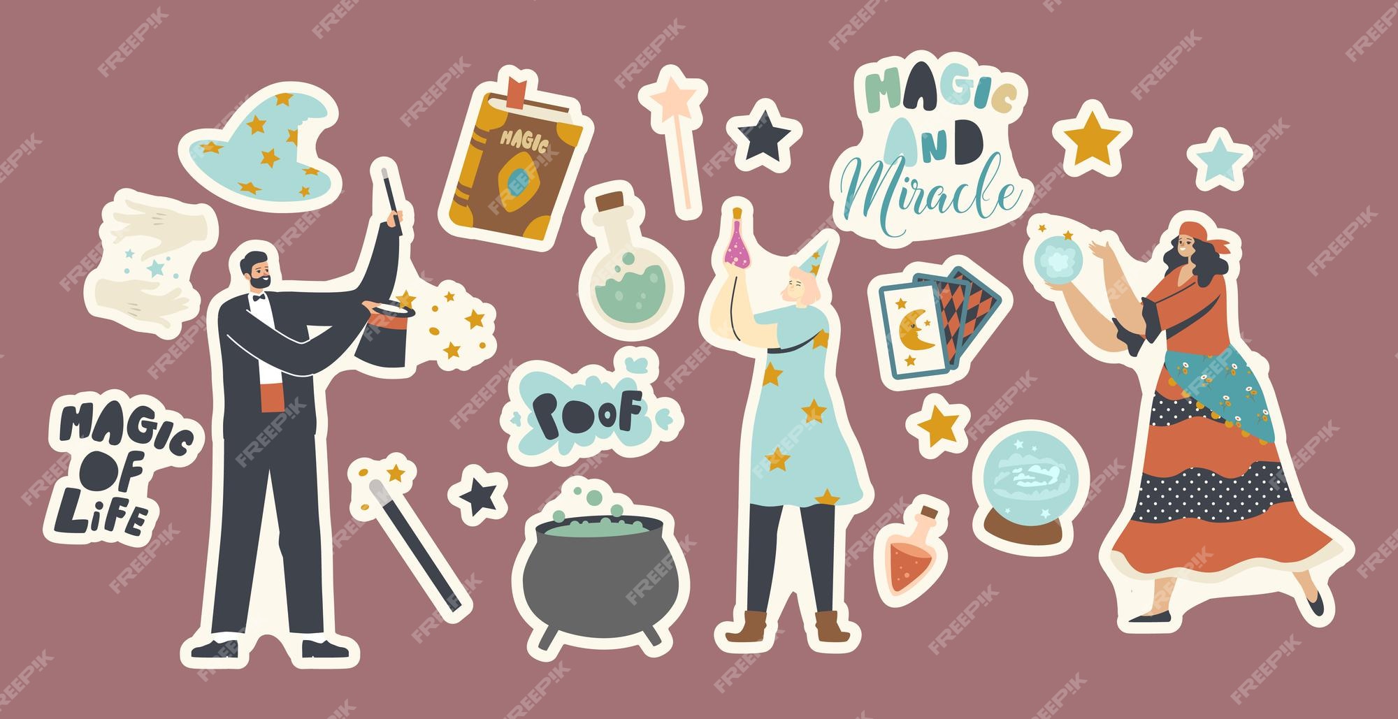 Premium Vector | Set of stickers circus magician characters performing tricks with top hat, crystal ball and cauldron. animators, big top illusionists magic show, carnival amusement. cartoon people vector illustration Premium Vector | Set of stickers circus magician characters performing tricks with top hat, crystal ball and cauldron. animators, big top illusionists magic show, carnival amusement. cartoon people vector illustration