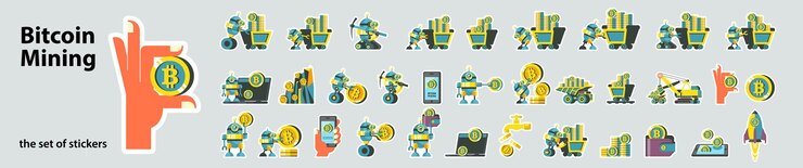 Vector a set of stickers cryptocurrency bitcoin mining the character is a funny robot mining bitcoins