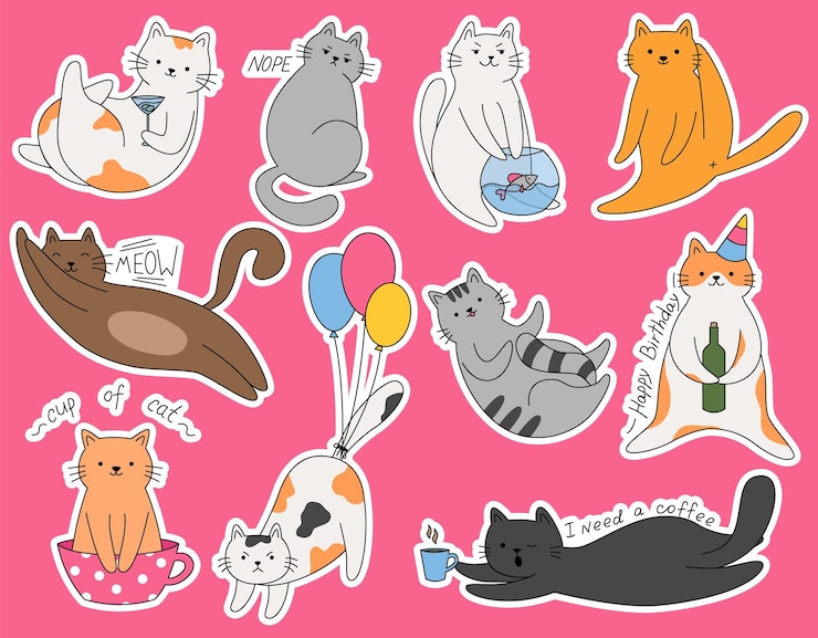 Vector set stickers cute cartoon cats different breeds lazy cats with alcohol and lettering funny cats in different poses