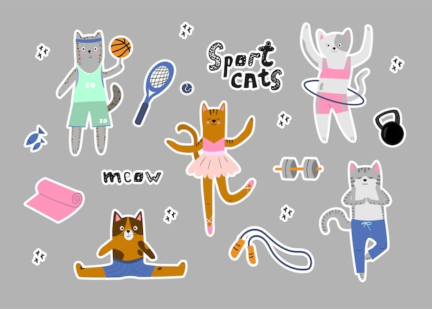 Vector set of stickers of cute cats athletes cats and sports equipment jump rope kettlebell dumbbell