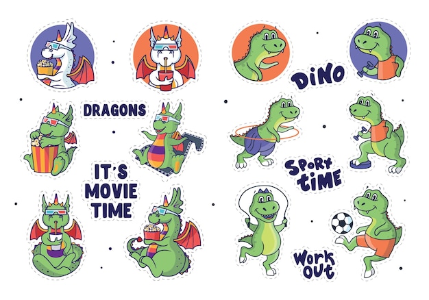 Il set di adesivi draghi e dinosauri. i personaggi dei cartoni animati con frasi scritte.