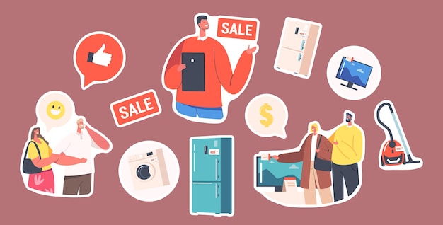 Vector set of stickers family buying household goods characters purchase appliances in electronics store with consultant