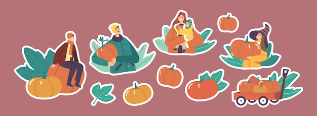 Set of stickers family characters picking pumpkins. mother, father and children harvesting ripe plants for autumn holidays halloween or thanksgiving celebration. cartoon people vector illustration