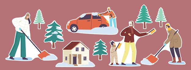 Set of stickers family parents and kids shoveling snow, house front yard with snowdrifts, people with shovels and brushes, cleaning road and car after snowfall at winter. cartoon vector illustration