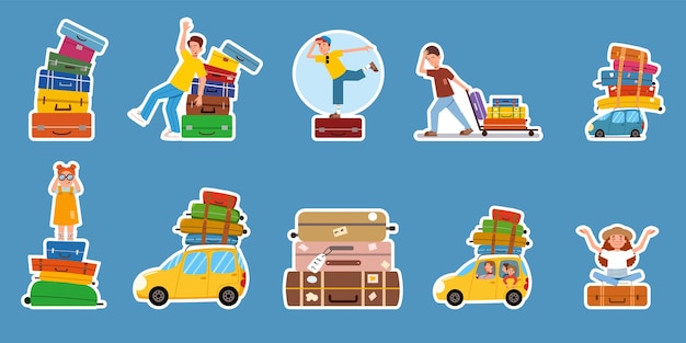 A set of stickers of flat vector illustrations on the theme of travel