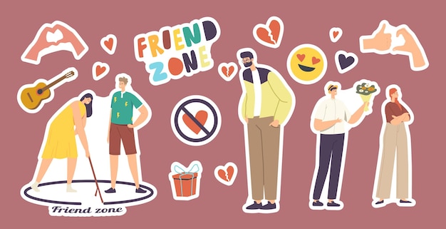 Set di adesivi a tema zona amici. uomo e donna in cerchio, cuore spezzato, chitarra e gesti delle mani, regalo incartato, sorriso emoji innamorato. elementi isolati di friendzone. fumetto illustrazione vettoriale