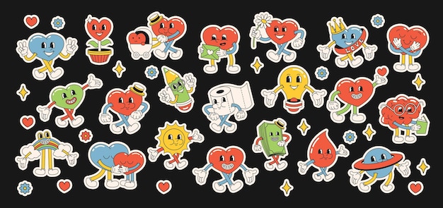 A set of stickers of funny happy cartoon characters Heart and flowers Positive and good vibes