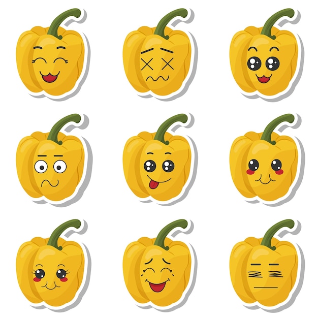 Vector set stickers gele paprika met kawaii-emoties platte vectorillustratie van een paprika met emoties op een witte achtergrond