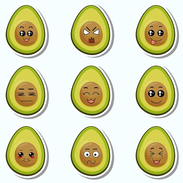 Set of stickers green avocado with kawaii emotions flat vector illustration of an avocado with emotions on a white background