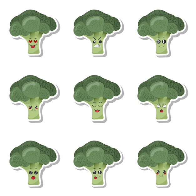 Set of stickers green broccoli with kawaii emotions Flat vector illustration of a broccoli with emotions On a white background