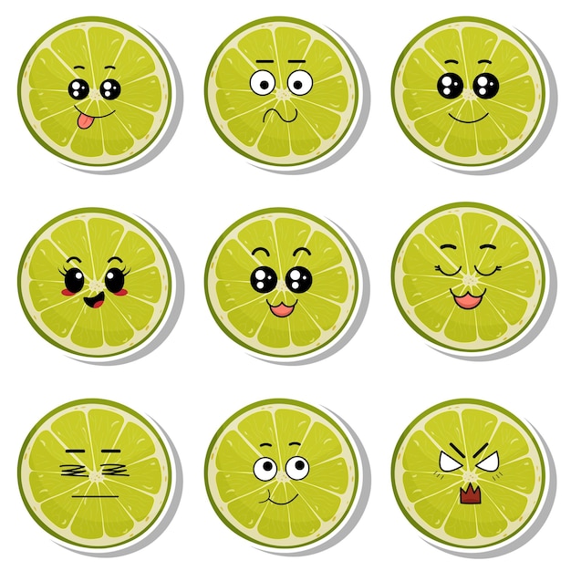 Vettore set di adesivi verde lime con emozioni kawaii illustrazione vettoriale piatta di una limetta con emozioni su sfondo bianco