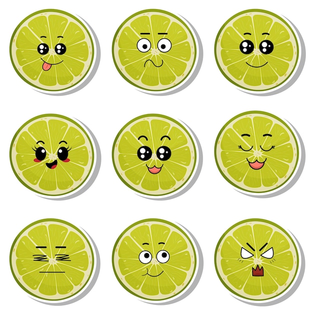 Set stickers groene limoen met kawaii-emoties Platte vectorillustratie van een limoen met emoties op een witte achtergrond