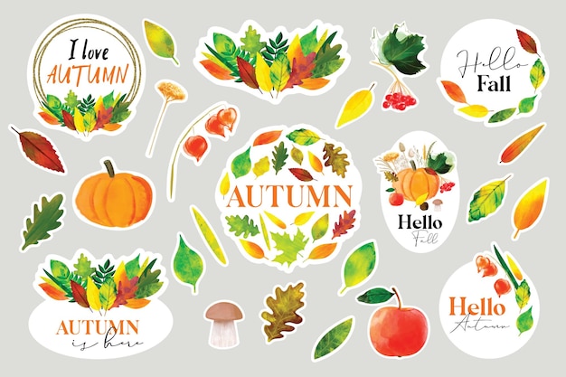 Vettore impostare adesivi ciao autunno con illustrazione autunnale con foglie colorate e raccolto autunnale