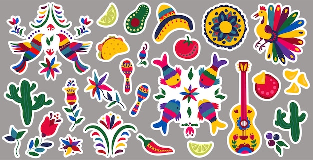 Vector set of stickers for the holiday cinco de mayo handdrawn style