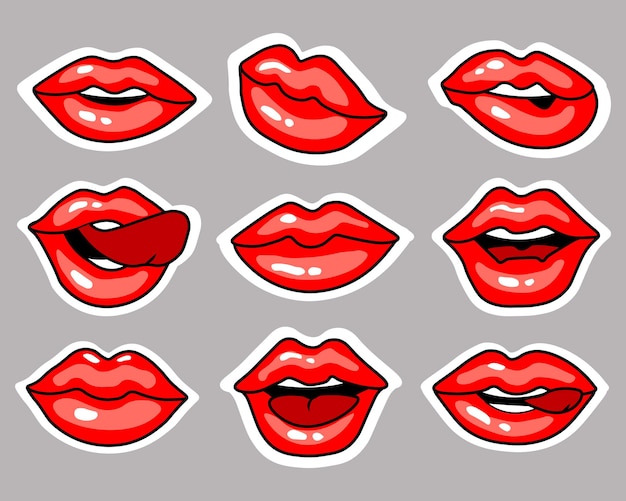 A set of stickers icons bright female lips expressing different emotions Illustration graphic