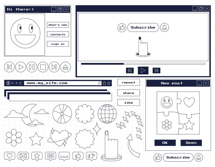 Vector a set of stickers and icons in retro aesthetics old computer style user interface elements dialog boxes player buttons nostalgic y2k design objects for web and social networks vector illustration