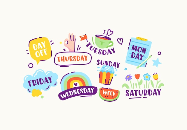 Set of stickers or icons of week days sunday, monday, tuesday and wednesday, thursday and friday or saturday, day off colorful design elements in doodle linear style. cartoon vector illustration