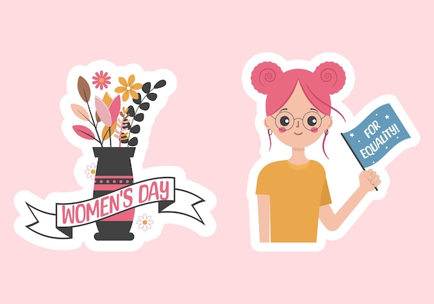 Vector set of stickers for international womens day with a cute girl and flowers vector illustration