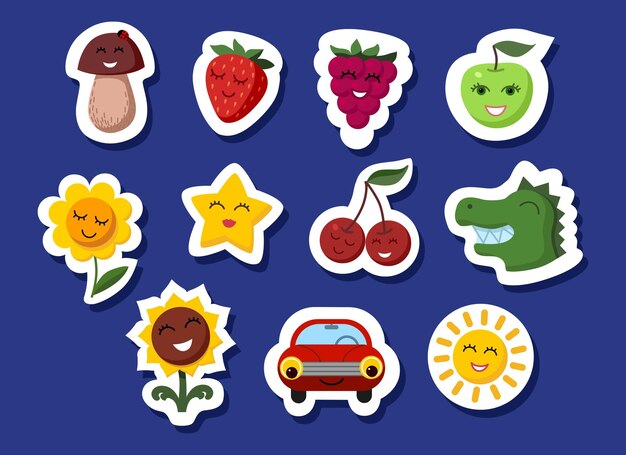 Vector set of stickers for kids cute characters positive mood fruits with faces encouragement icons