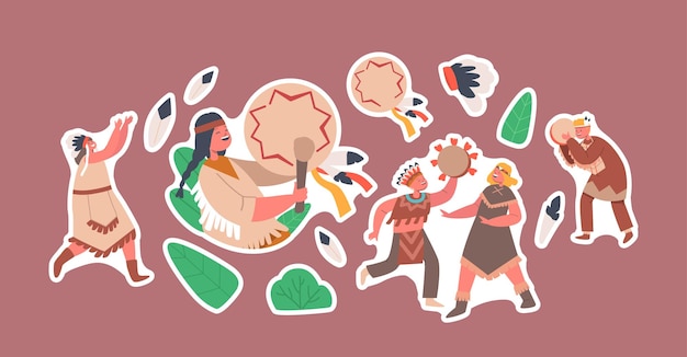 Vector set stickers kids playing native american indians cute boys and girls characters wearing indian costume and headdress