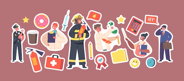 Set stickers kinderberoep politieagent brandweerman en dokter met wetenschapper leraar en zakenmankarakters