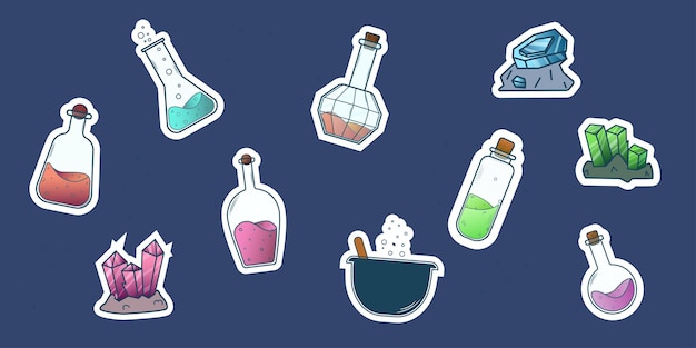 Set of stickers magic potion in jars test tubes stones crystals cauldron vector