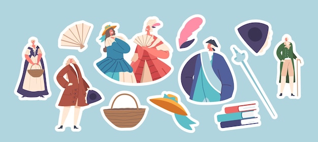 Set stickers mannen en vrouwen in elegante 18e-eeuwse kleding pruiken en accessoires historische boer en aristocraten