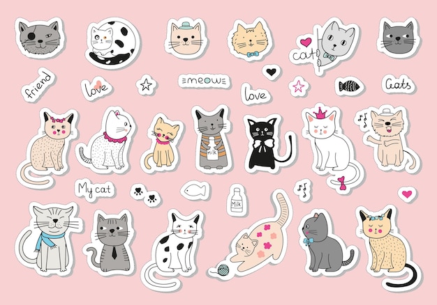 Set stickers met katten Handgetekende doodle