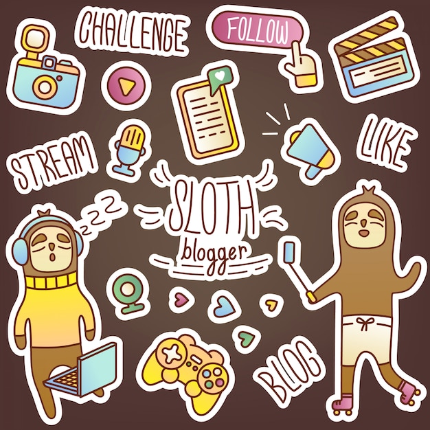 Vector set stickers met luiaard blogger. creatieve illustratie van streamer, thuis werken. een aantal abonnees, een populaire persoonlijkheid, sociale netwerken, berichten en video's. kleurrijke dagboekstickers.