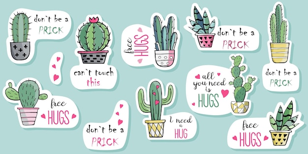 Set stickers met schattige grappige doodle cactussen in potten Wees geen lul, ik heb een knuffel nodig Gratis knuffels