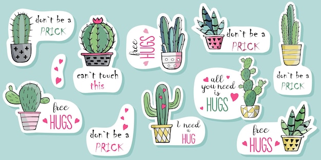 Set stickers met schattige grappige doodle cactussen in potten wees geen lul, ik heb een knuffel nodig gratis knuffels