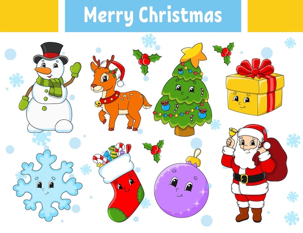 Set stickers met schattige stripfiguren Winter clipart Hand getrokken Kleurrijke pack Patch badges collectie voor kinderen Voor dagelijkse planner organisator dagboek