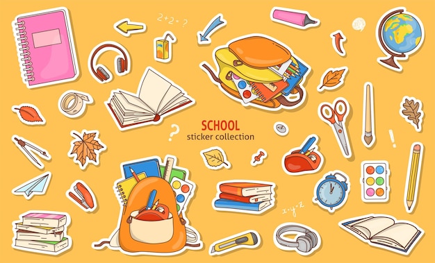 Set stickers met schoolbenodigdheden in doodle-stijl