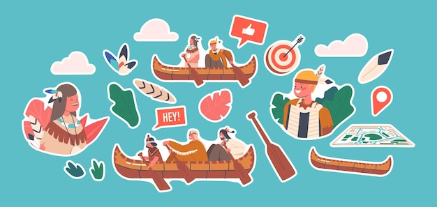 Set of Stickers Native Indian American Children Swim on Canoe Indigenous Kids Characters Wear Costumes Rowing on Boat