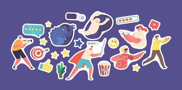 Set of stickers people wear vr headset playing video simulation games players gaming at cyberspace virtual reality