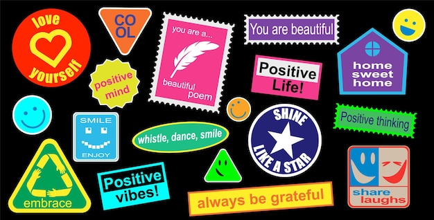 Vector set of stickers, pins and patches with positive messages. vector retro style, vintage lifestyle