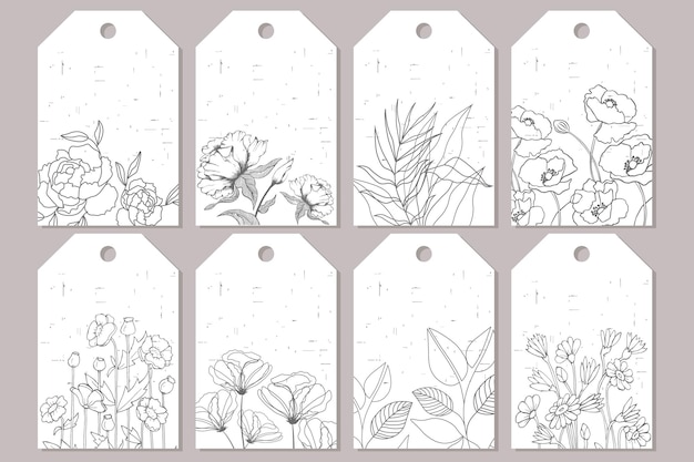 Set of stickers, posters, greeting cards depicting wild flowers and plants with vintage texture.
