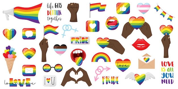 A set of stickers for pride month lgbtq rainbow flag lips gestures heart glasses lettering