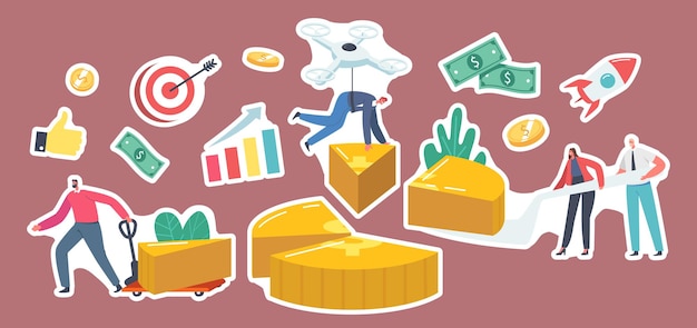 Set of Stickers Profit Share Theme. Businessmen and Businesswomen Characters Stand at Huge Pie Chart Showing Partners Money Shares, Stakeholders Investor Dividends. Cartoon People Vector Illustration