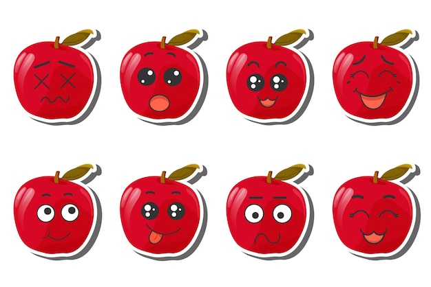 Set of stickers red apple with kawaii emotions Flat vector illustration of an apple with emotions On a white background