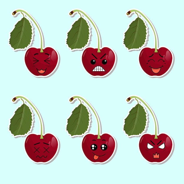 Vector set of stickers red cherry with kawaii emotions flat vector illustration of a cherry with emotions on a blue background