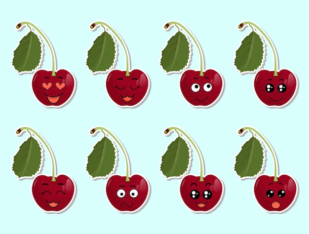 Vector set of stickers red cherry with kawaii emotions flat vector illustration of a cherry with emotions on a blue background