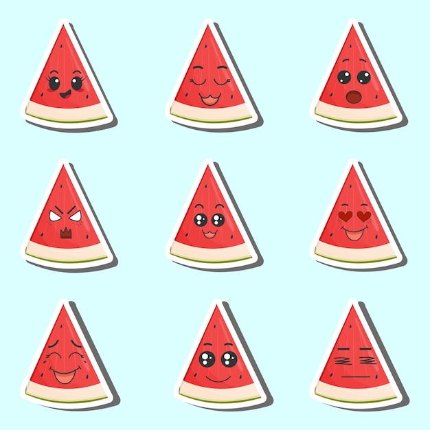 Vector set of stickers red watermelon with kawaii emotions flat vector illustration of a watermelon with emotions on a blue background